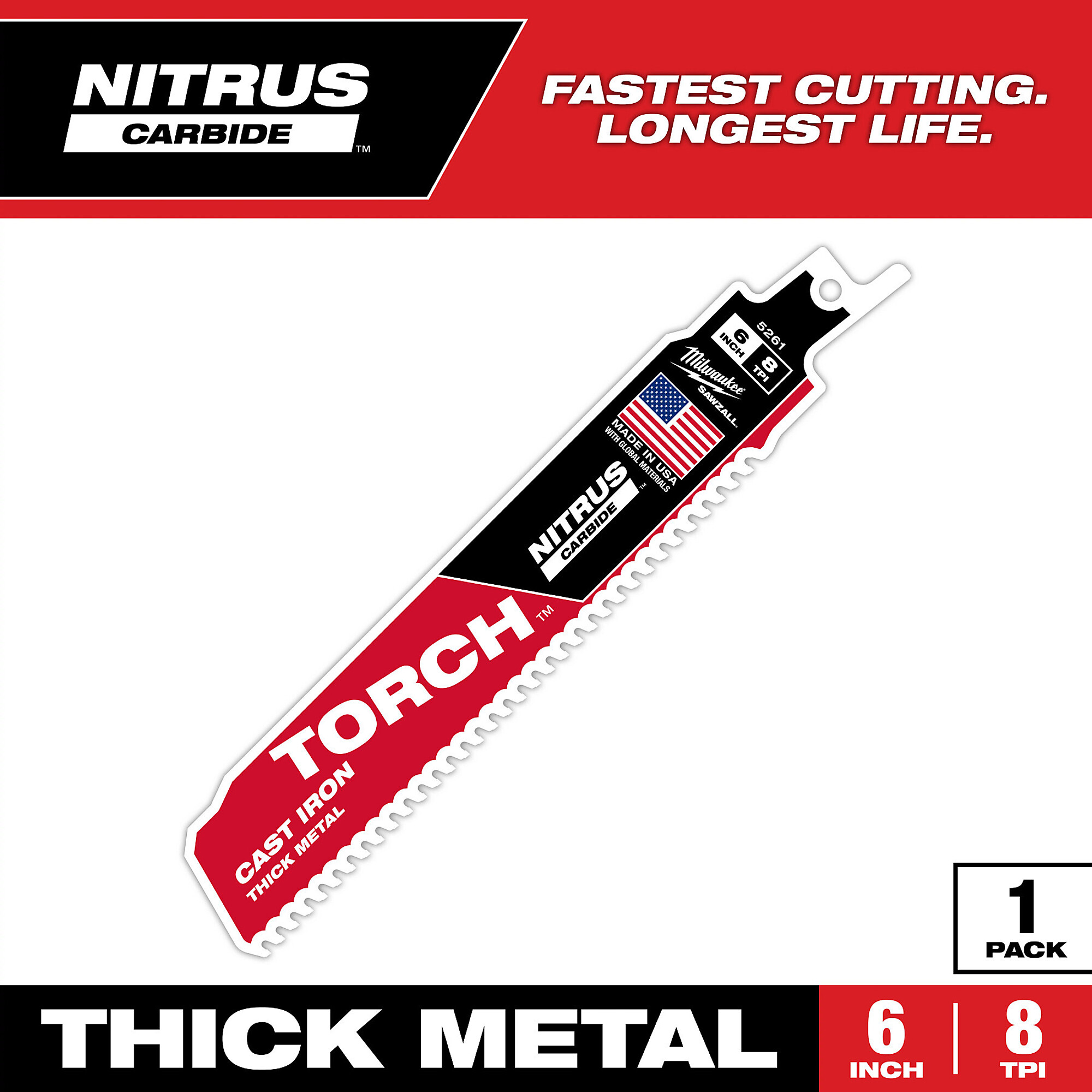 Milwaukee 6" 8 TPI TORCH™ with NITRUS™ Carbide SAWZALL® Blade for Cast Iron (1 PK), Model# 48-00-5261